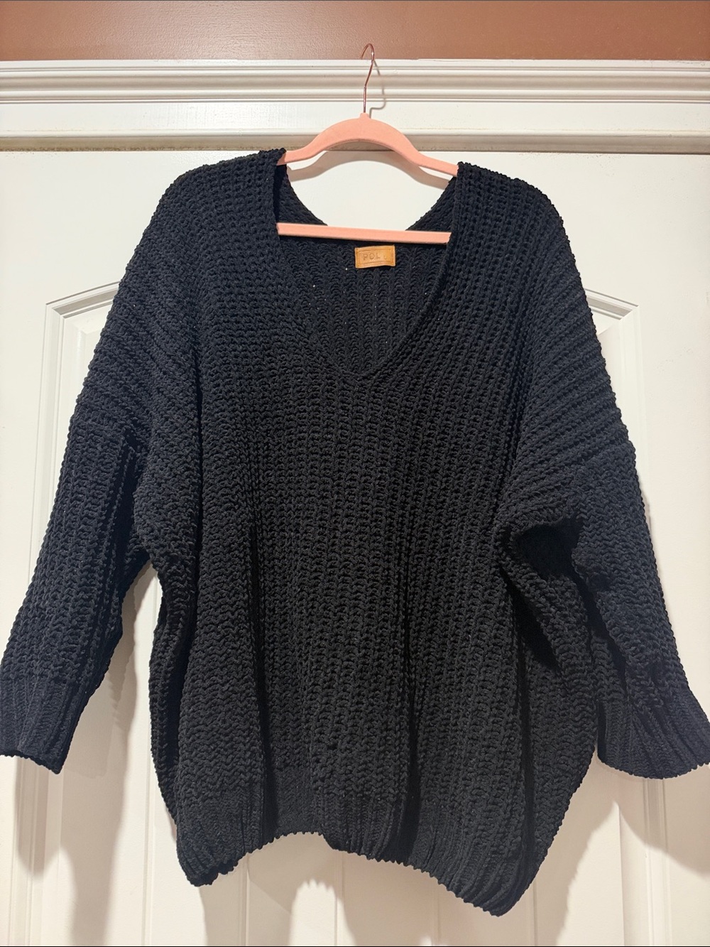 POL Black Oversized V-Neck Ribbed Chunky Knit Sweater